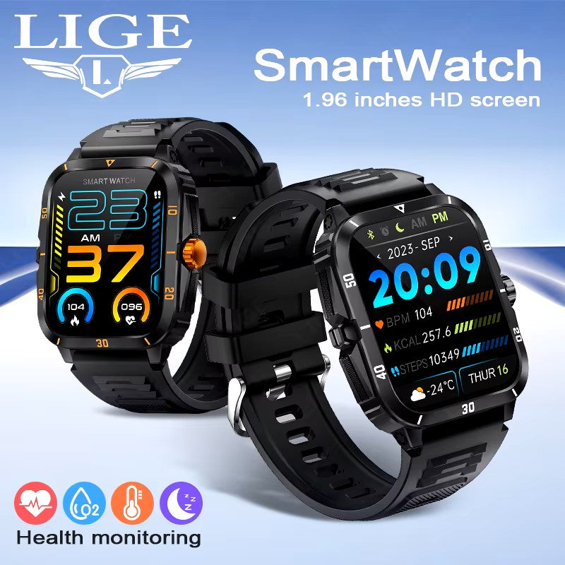 LIGE 2024 Military Smart Watches Men 1.96" Screen Bluetooth Call Heart Rate Monitor Sport Fitness Waterproof Outdoor Smartwatch dealshavens