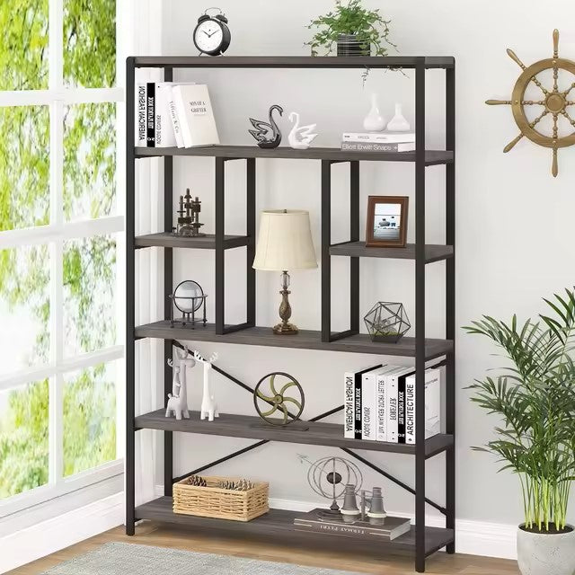 LVB Industrial 6 Tier Bookshelf, Large Tall Open Rustic Vintage Etagere Bookcase, Gray Big Wide Modern Farmhouse Wood and Metal Dealshavens
