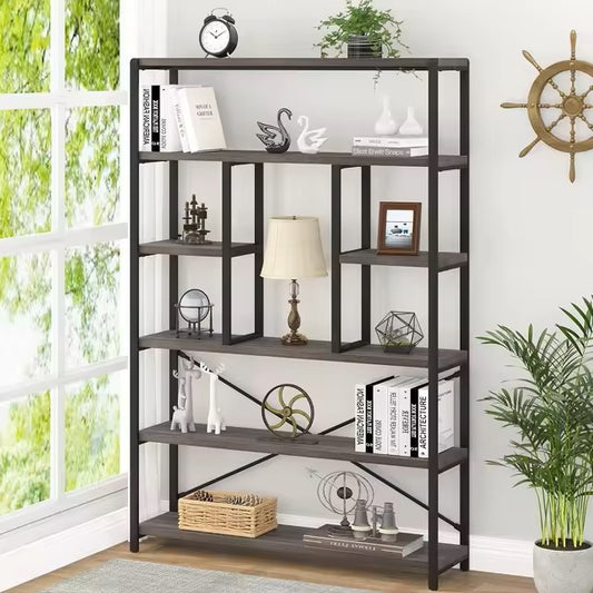 LVB Industrial 6 Tier Bookshelf, Large Tall Open Rustic Vintage Etagere Bookcase, Gray Big Wide Modern Farmhouse Wood and Metal Dealshavens