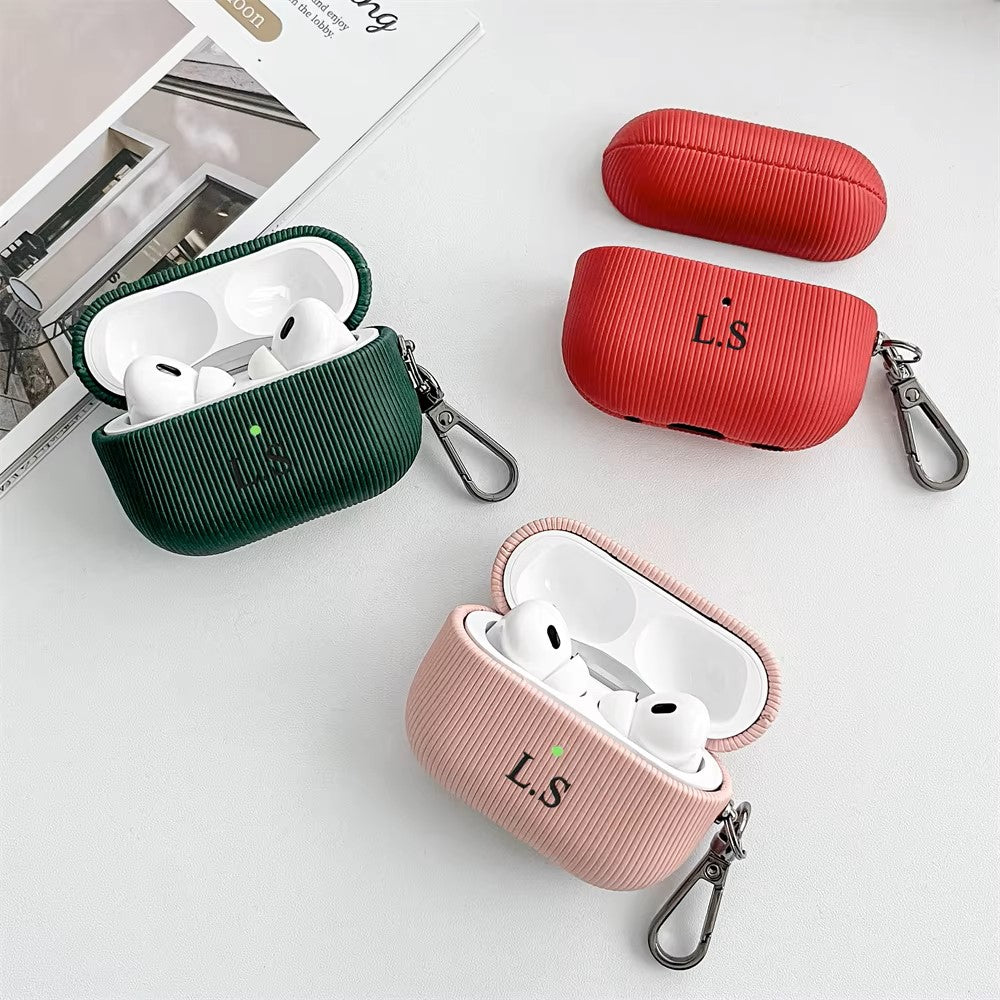 Luxury Laser Lettering Personalized Name Customized Cover For Airpods 1 2 3 Pro 2 Stripe Leather Earphone Case With Keychain Dealshavens