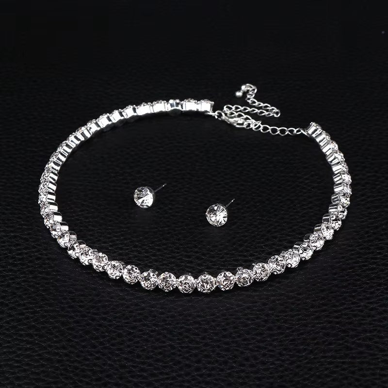 Luxury Round Crystal Jewelry Set for Women Charm Silver Color Bracelet Stud Earring Zircon Chain Necklace Wedding Party Jewelry - Dealshavens