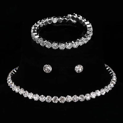 Luxury Round Crystal Jewelry Set for Women Charm Silver Color Bracelet Stud Earring Zircon Chain Necklace Wedding Party Jewelry - Dealshavens