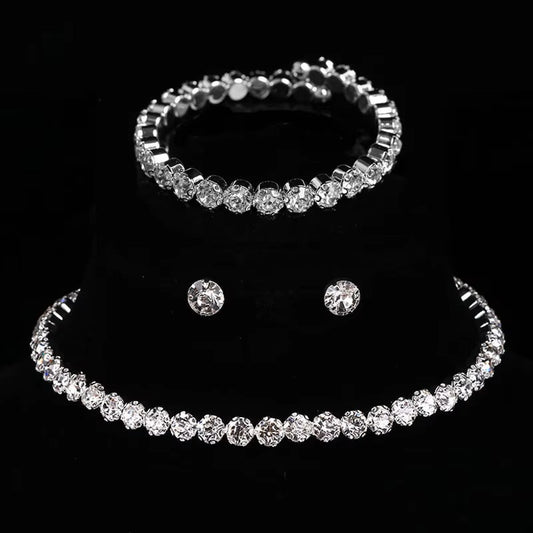 Luxury Round Crystal Jewelry Set for Women Charm Silver Color Bracelet Stud Earring Zircon Chain Necklace Wedding Party Jewelry - Dealshavens