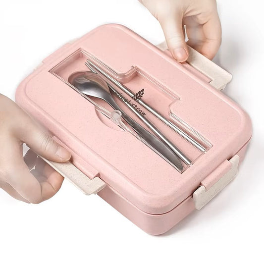 Microwave Lunch Box Wheat Straw Dinnerware with Spoon Chopsticks Food Storage Container Children Kids School Office Bento Box Dealshavens