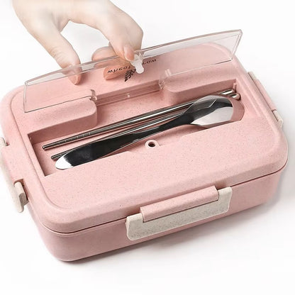 Microwave Lunch Box Wheat Straw Dinnerware with Spoon Chopsticks Food Storage Container Children Kids School Office Bento Box Dealshavens