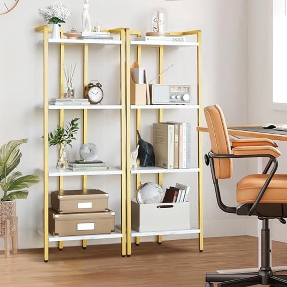 Narrow Metal 4 Tier Bookshelf Open Display Shelves Modern Marble Accent Small Gold Bookcase Compact Multifunctional Home - Dealshavens