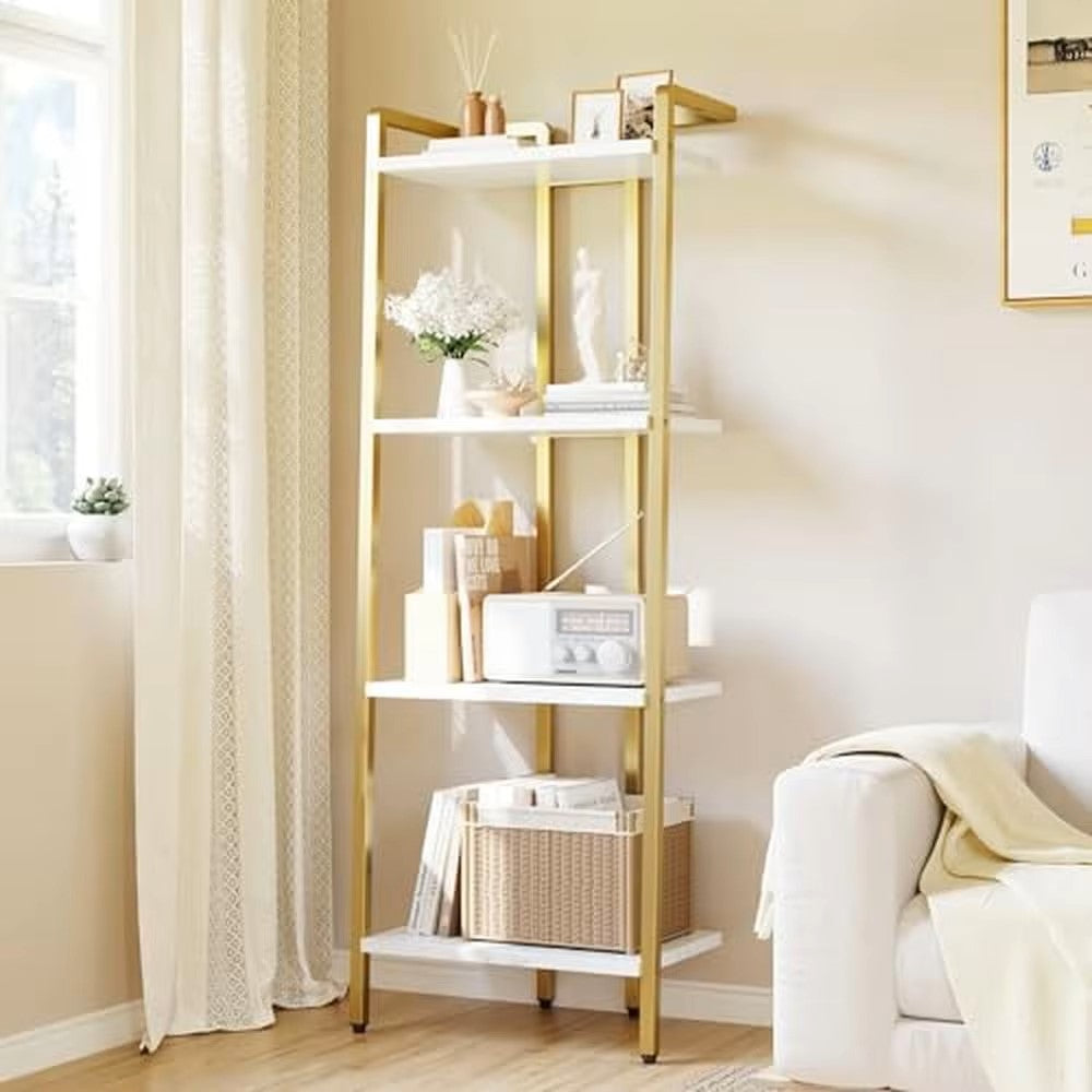 Narrow Metal 4 Tier Bookshelf Open Display Shelves Modern Marble Accent Small Gold Bookcase Compact Multifunctional Home - Dealshavens