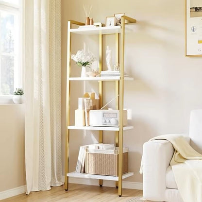 Narrow Metal 4 Tier Bookshelf Open Display Shelves Modern Marble Accent Small Gold Bookcase Compact Multifunctional Home - Dealshavens