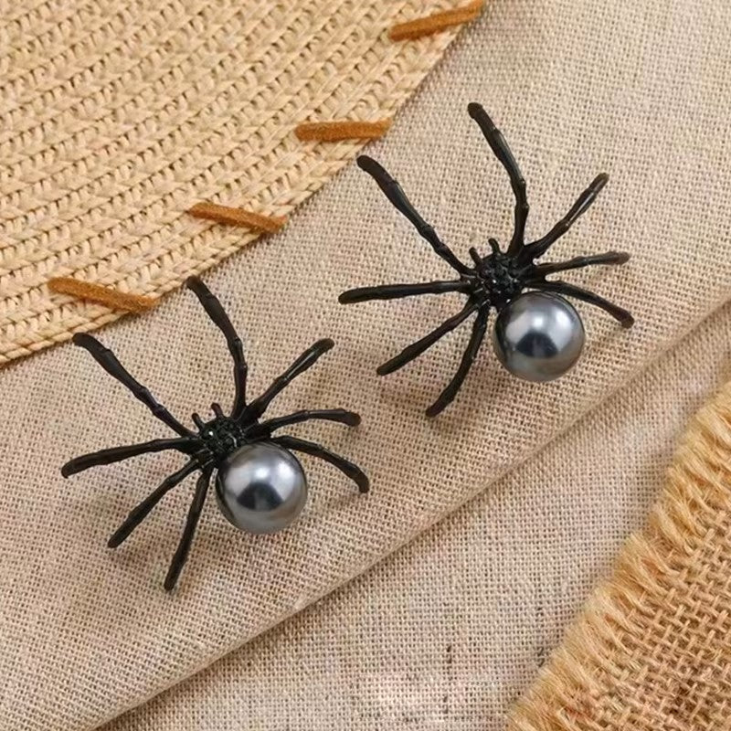 New Fashion Black Spider Pearl Earring Trendy Personality Dark Style Halloween Ear Nail for Women Alloy Geometric Ear Accessory Dealshavens