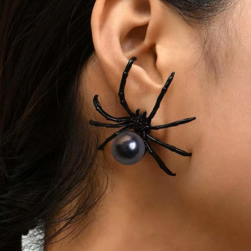 New Fashion Black Spider Pearl Earring Trendy Personality Dark Style Halloween Ear Nail for Women Alloy Geometric Ear Accessory Dealshavens