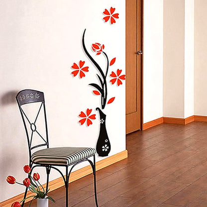 New Retro Vase Flower Tree Pattern DIY Home Room TV Decor Arcylic 3D Wall Sticker Red - Dealshavens