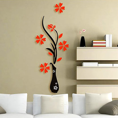 New Retro Vase Flower Tree Pattern DIY Home Room TV Decor Arcylic 3D Wall Sticker Red - Dealshavens