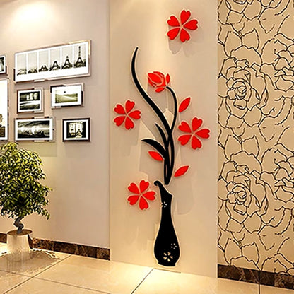 New Retro Vase Flower Tree Pattern DIY Home Room TV Decor Arcylic 3D Wall Sticker Red - Dealshavens