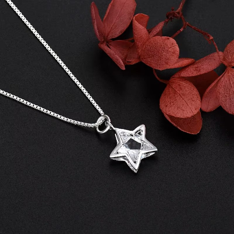 New korean fashion 925 Sterling Silver pretty Shining Crystal Star necklace for Women Party Wedding accessories Jewelry gifts Dealshavens