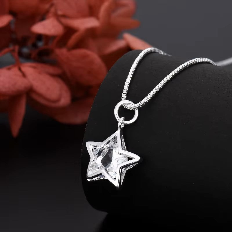 New korean fashion 925 Sterling Silver pretty Shining Crystal Star necklace for Women Party Wedding accessories Jewelry gifts Dealshavens