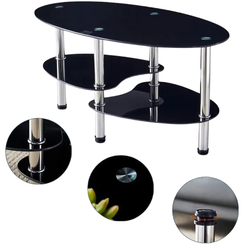 Oval-Shaped Glass Tea Table for Office, 3-Tier Storage rack Modern Coffee Table, End Table for Living Room (Black)