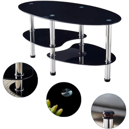 Oval-Shaped Glass Tea Table for Office, 3-Tier Storage rack Modern Coffee Table, End Table for Living Room (Black)