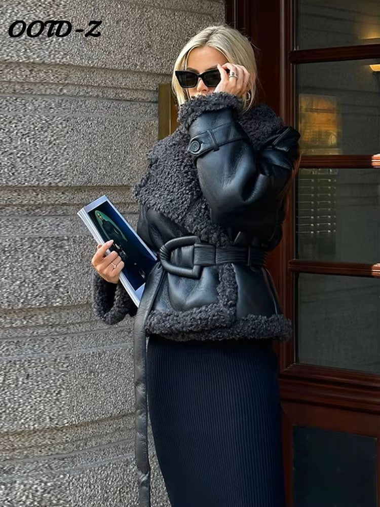 Pu Leather Women's Jacket Patchwork Belt Stand Collar Solid Female Coat 2024 Autumn Winter Highstreet Thicken Lady Overcoat