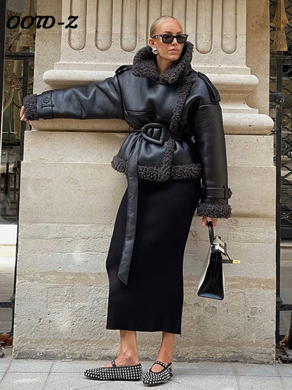 Pu Leather Women's Jacket Patchwork Belt Stand Collar Solid Female Coat 2024 Autumn Winter Highstreet Thicken Lady Overcoat