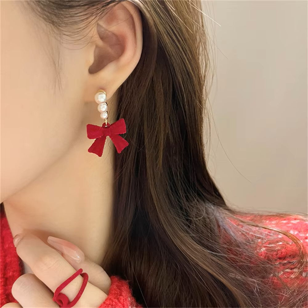 Red Black Bowtie Earrings for Women Girls Simulated Pearl Cloth Bow Tie Earrings Jewelry Ear Accessories Beautiful Gifts dealshavens