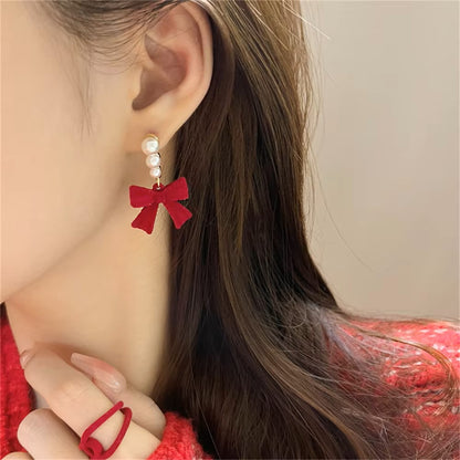 Red Black Bowtie Earrings for Women Girls Simulated Pearl Cloth Bow Tie Earrings Jewelry Ear Accessories Beautiful Gifts dealshavens