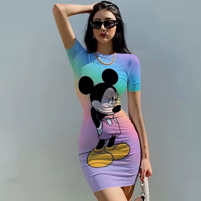 Disney Minnie Mickey Mouse bow print Elegant Pencil Dress Womens Simple Sheath Office Dresses Summer Short sleeve Casual Vestido Dealshavens