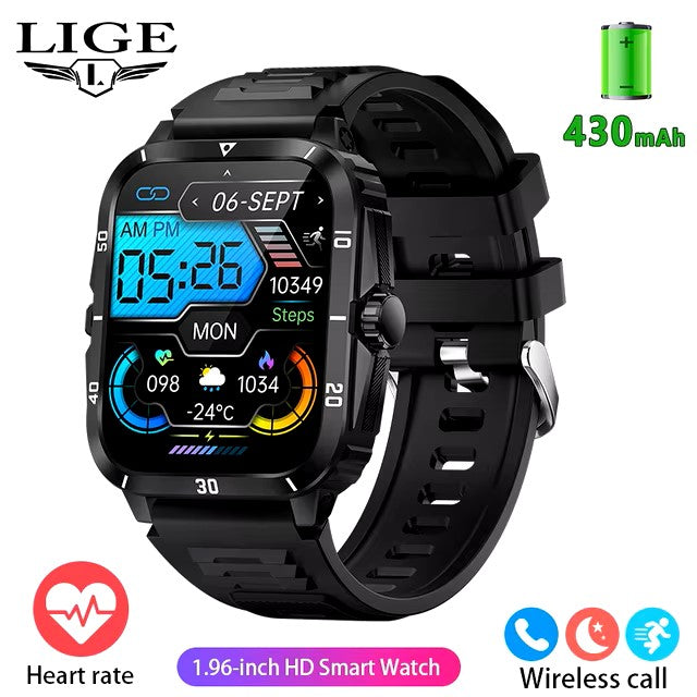 LIGE 2024 Military Smart Watches Men 1.96" Screen Bluetooth Call Heart Rate Monitor Sport Fitness Waterproof Outdoor Smartwatch dealshavens