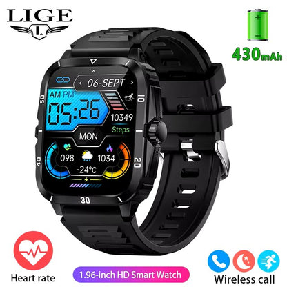 LIGE 2024 Military Smart Watches Men 1.96" Screen Bluetooth Call Heart Rate Monitor Sport Fitness Waterproof Outdoor Smartwatch dealshavens