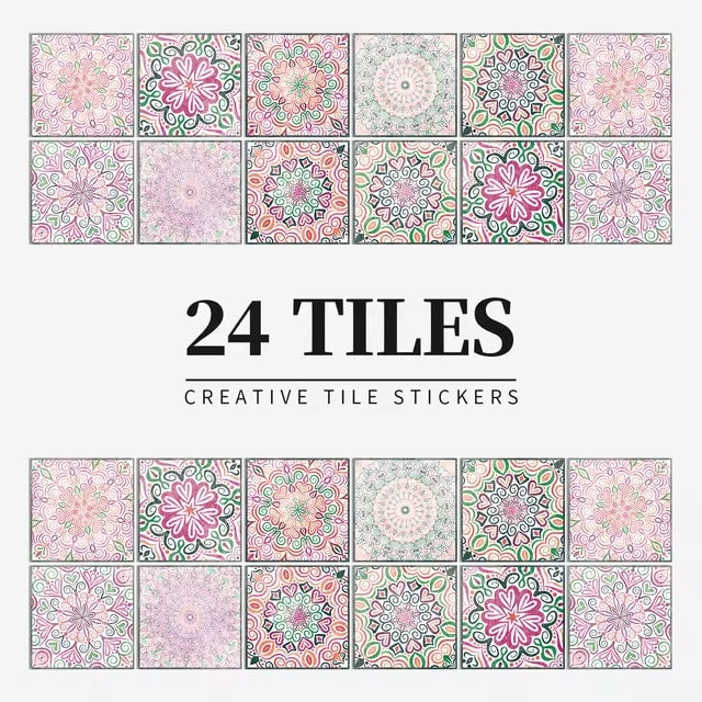 24 pieces of Mandala Retro Pattern Glossy Self-adhesive Tile Stickers for Kitchen and Bathroom Removable Waterproof Wall Sticker Dealshavens