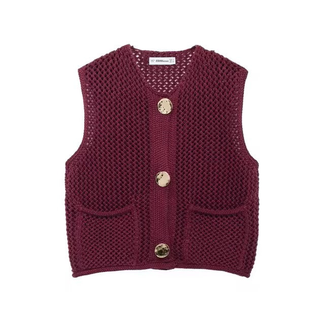 TRAF Women Fashion Sleeveless Coarse Needle Knitting Vest Sweater Female Chic Big Pockets Patch Buttons Cardigan Waistcoat Tops - Dealshavens