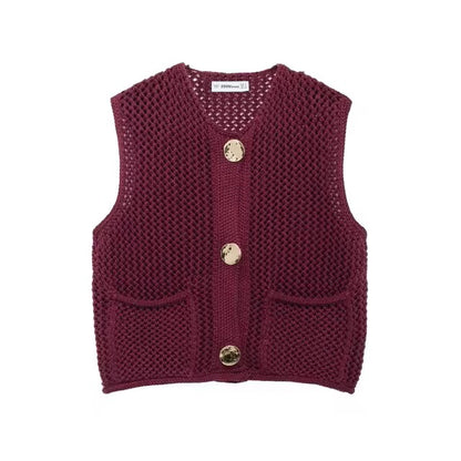 TRAF Women Fashion Sleeveless Coarse Needle Knitting Vest Sweater Female Chic Big Pockets Patch Buttons Cardigan Waistcoat Tops - Dealshavens