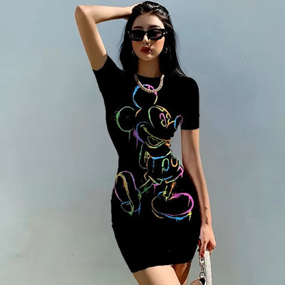 Disney Minnie Mickey Mouse bow print Elegant Pencil Dress Womens Simple Sheath Office Dresses Summer Short sleeve Casual Vestido Dealshavens