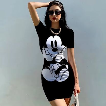 Disney Minnie Mickey Mouse bow print Elegant Pencil Dress Womens Simple Sheath Office Dresses Summer Short sleeve Casual Vestido Dealshavens