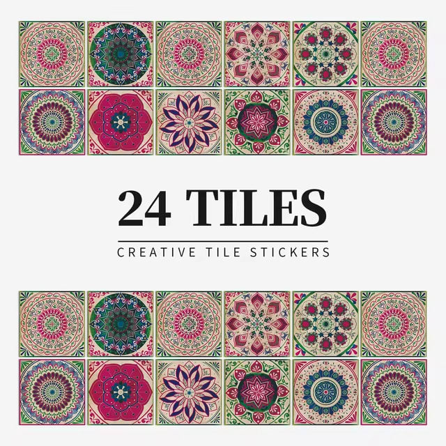 24 pieces of Mandala Retro Pattern Glossy Self-adhesive Tile Stickers for Kitchen and Bathroom Removable Waterproof Wall Sticker Dealshavens