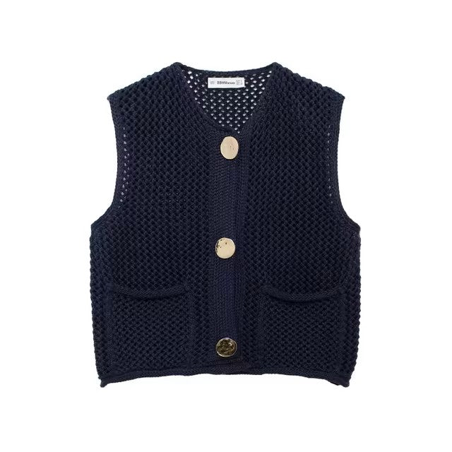 TRAF Women Fashion Sleeveless Coarse Needle Knitting Vest Sweater Female Chic Big Pockets Patch Buttons Cardigan Waistcoat Tops - Dealshavens