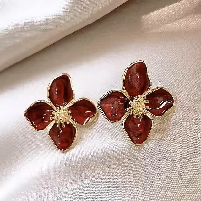 Fashion Korean Women Retro Drip Glaze Red Flower Earrings Women for Delicate Earrings Luxury Couple Engagement Jewelry Gift dealshavens