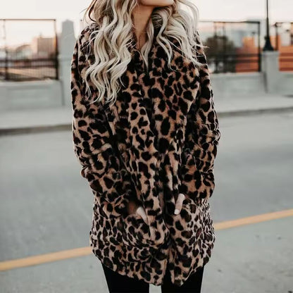 "Faux Fur Coat Women Leopard Print Winter Jacket"