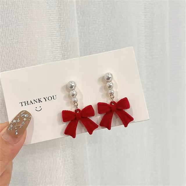 Red Black Bowtie Earrings for Women Girls Simulated Pearl Cloth Bow Tie Earrings Jewelry Ear Accessories Beautiful Gifts dealshavens