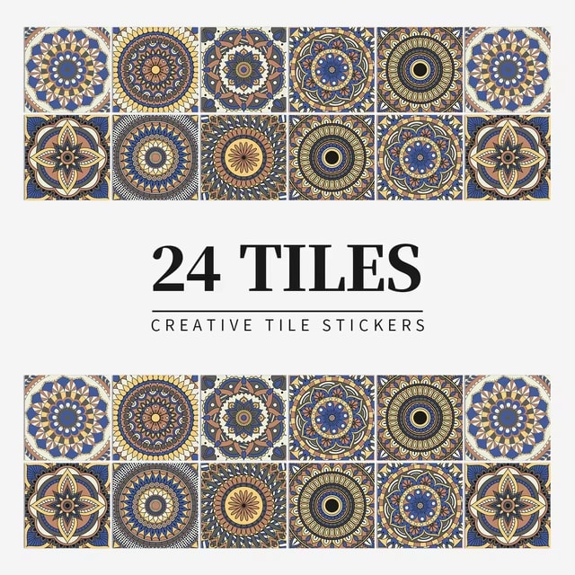 24 pieces of Mandala Retro Pattern Glossy Self-adhesive Tile Stickers for Kitchen and Bathroom Removable Waterproof Wall Sticker Dealshavens