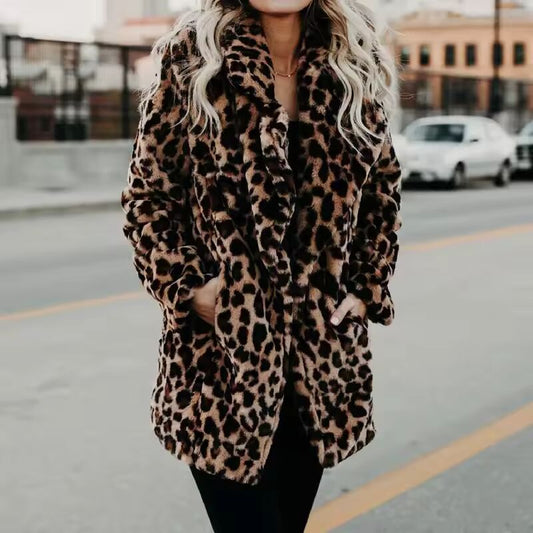 "Faux Fur Coat Women Leopard Print Winter Jacket"