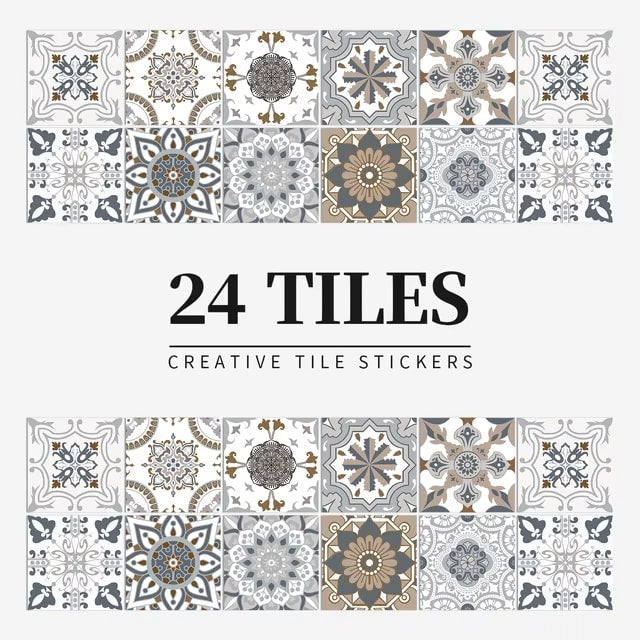 24 pieces of Mandala Retro Pattern Glossy Self-adhesive Tile Stickers for Kitchen and Bathroom Removable Waterproof Wall Sticker Dealshavens