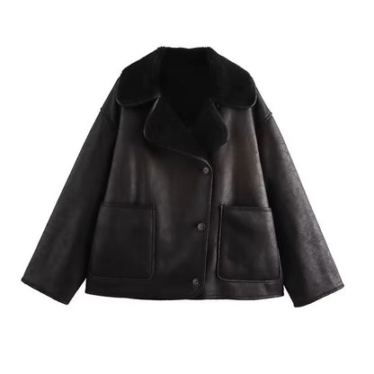 XS/S/M Plush Faux Leather Jackets For Women Wool Blends Thick Winter Office Single Breasted Turn-down Collar Coat Chic Pocket Outerwear