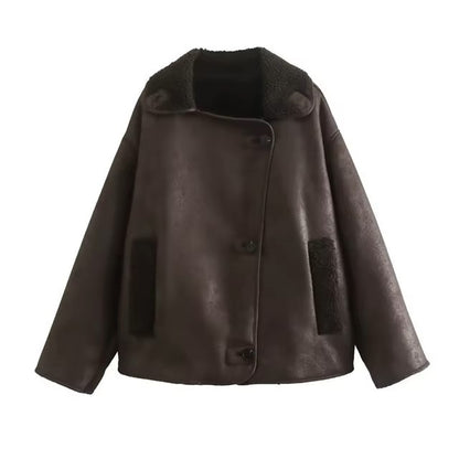 XS/S/M Plush Faux Leather Jackets For Women Wool Blends Thick Winter Office Single Breasted Turn-down Collar Coat Chic Pocket Outerwear