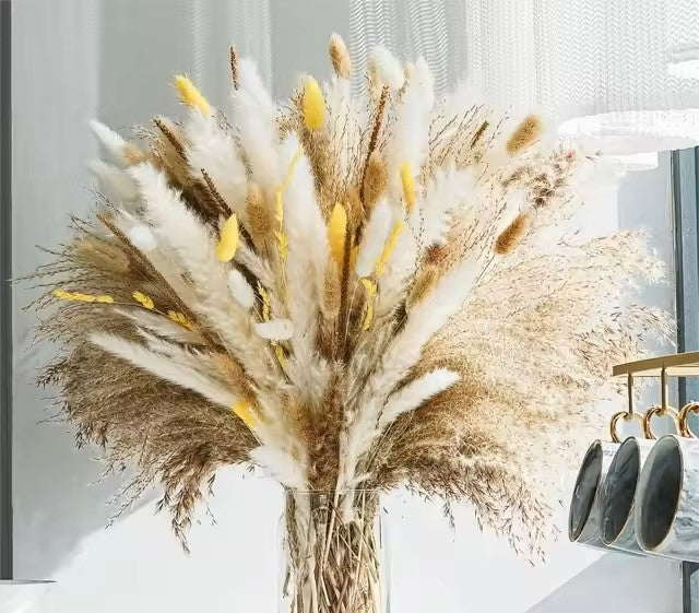 100Pcs Fluffy Pampas Dried Flowers Bouquet Home Decor Natural