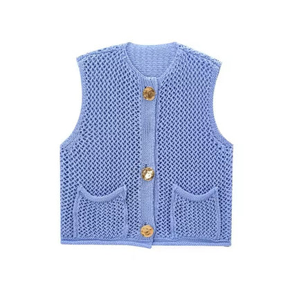 TRAF Women Fashion Sleeveless Coarse Needle Knitting Vest Sweater Female Chic Big Pockets Patch Buttons Cardigan Waistcoat Tops - Dealshavens