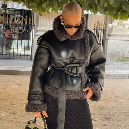 Pu Leather Women's Jacket Patchwork Belt Stand Collar Solid Female Coat 2024 Autumn Winter Highstreet Thicken Lady Overcoat