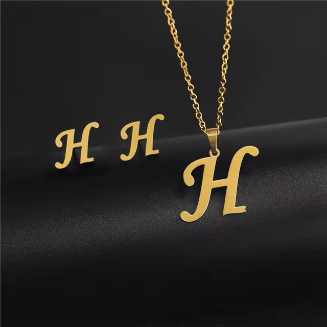 A-Z 26 charm Initial Necklace And Stud Earrings Jewelry Sets Alphabet Pendant Chain Letter mom Gifts Drop Shipping Dealshavens