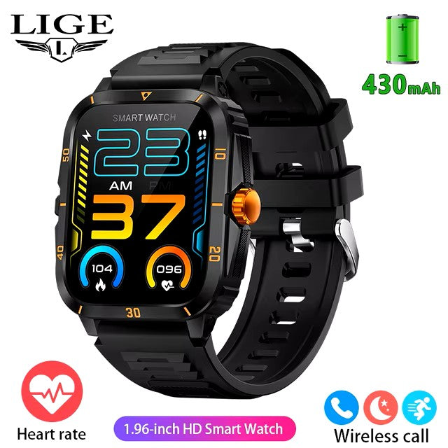 LIGE 2024 Military Smart Watches Men 1.96" Screen Bluetooth Call Heart Rate Monitor Sport Fitness Waterproof Outdoor Smartwatch dealshavens