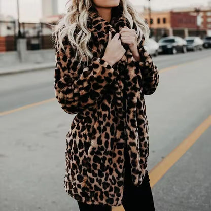 "Faux Fur Coat Women Leopard Print Winter Jacket"