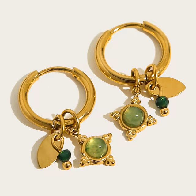 YACHAN 18K Gold Plated Stainless Steel Hoop Earrings for Women Vintage Green Natural Stone Charms Trendy Waterproof Jewelry dealshavens